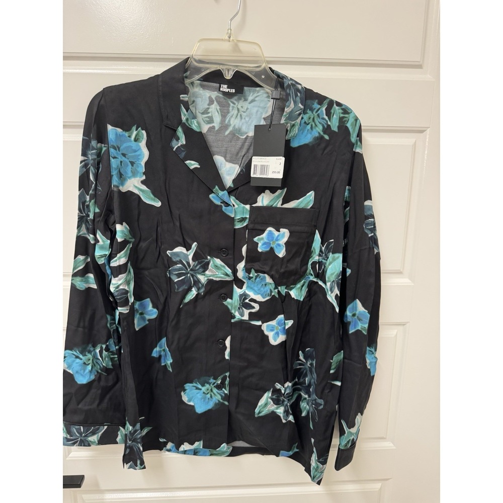 The Kooples Black Floral Viscose Blouse Button Front Shirt Medium NWT $255